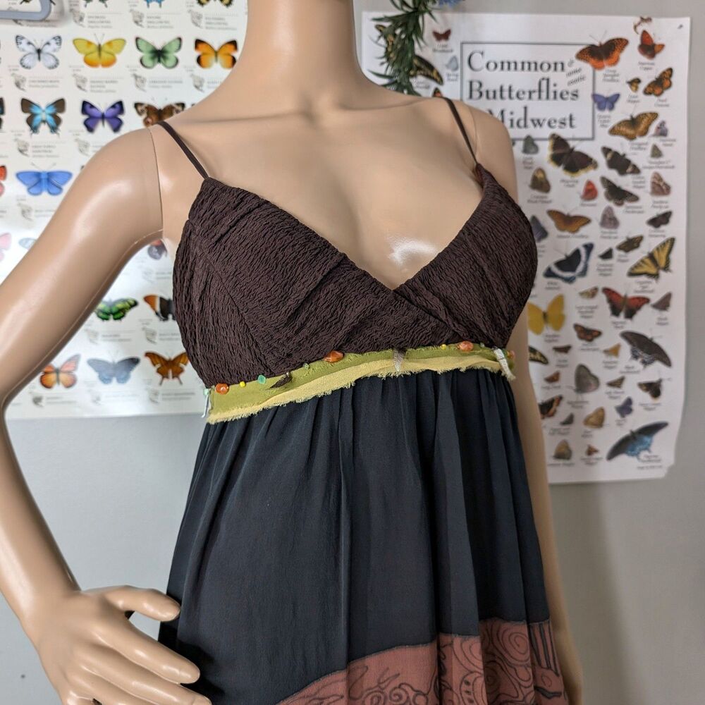 Vintage y2k Sue Wong Dress Silk Tribal Earth Fairycore Feather Beaded Size 4 - Picture 3 of 14